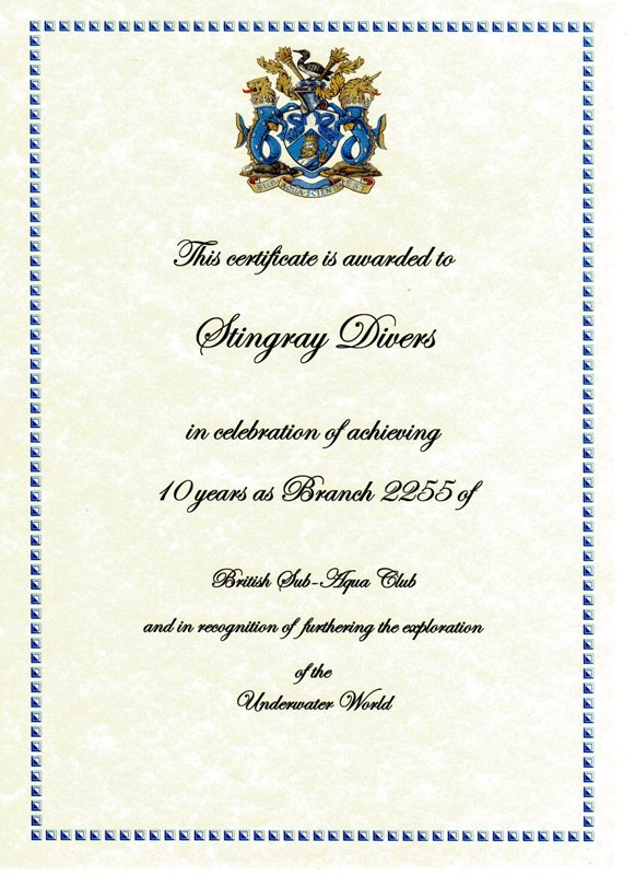 Stingray 10 Years Certificate